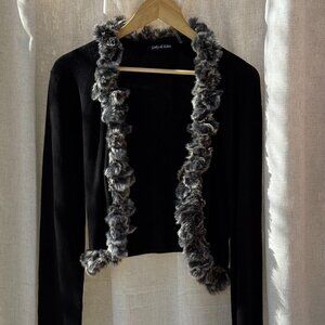 Gaby & Eden Black Faux Fur Trim Cropped Cardigan (Size L)